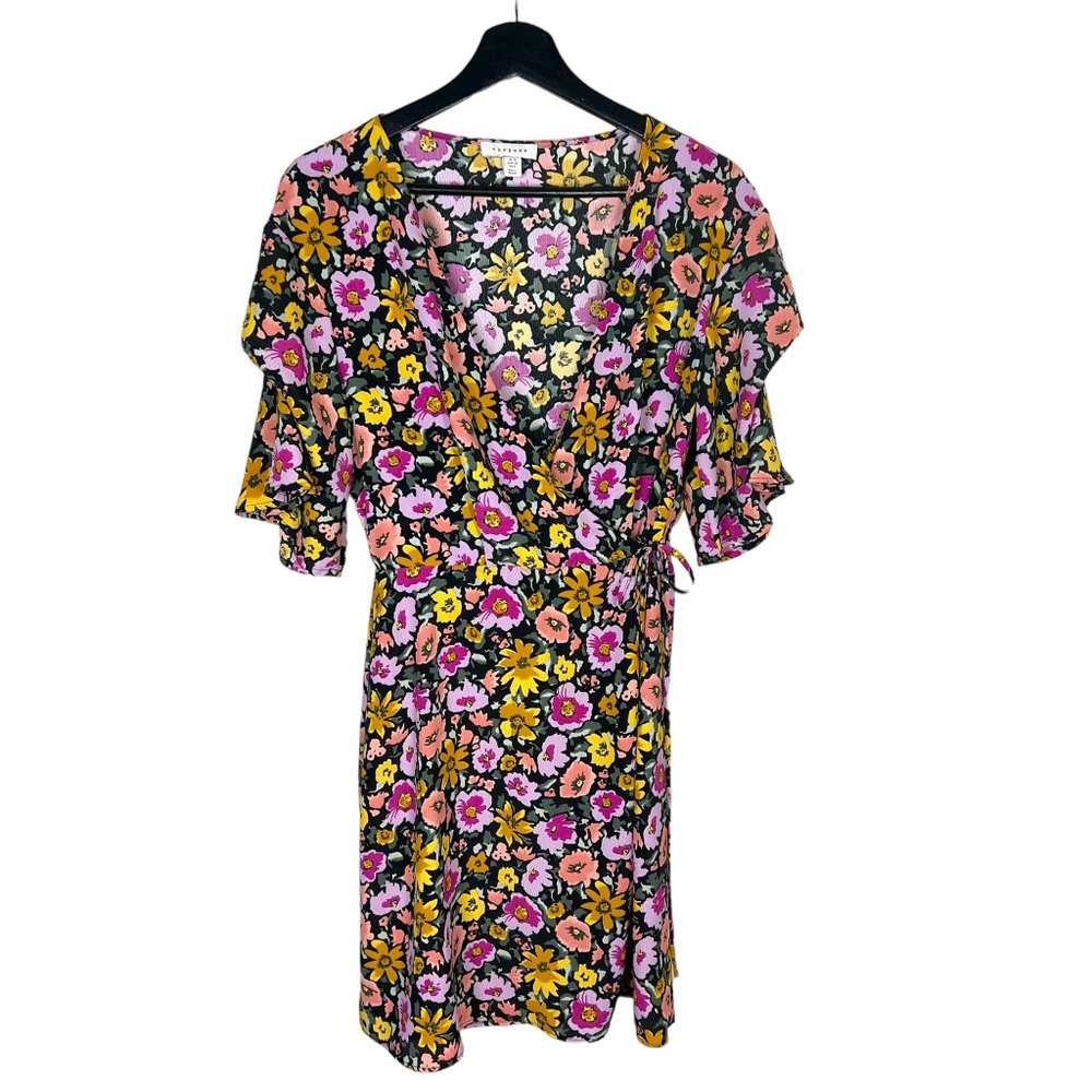 Topshop Angel Black Multicolor Floral Short Layered Sleeve Wrap Short Dress 6